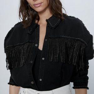 Zara rhinestone/denim tasseled blouse